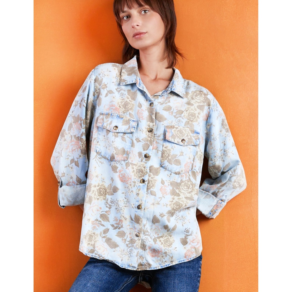 Billy T Regal Shirt Womens Large Blue Floral Lyocell Roll Tab Split‎ Back Hem